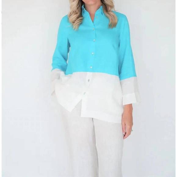 NEW ILINEN classic button down in turquoise/white - Picture 1 of 2